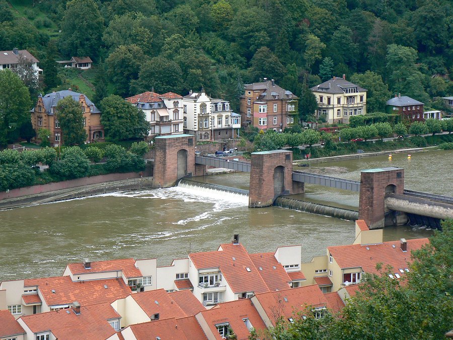 Der Neckar mit dem Wehr und dem Wehrsteg