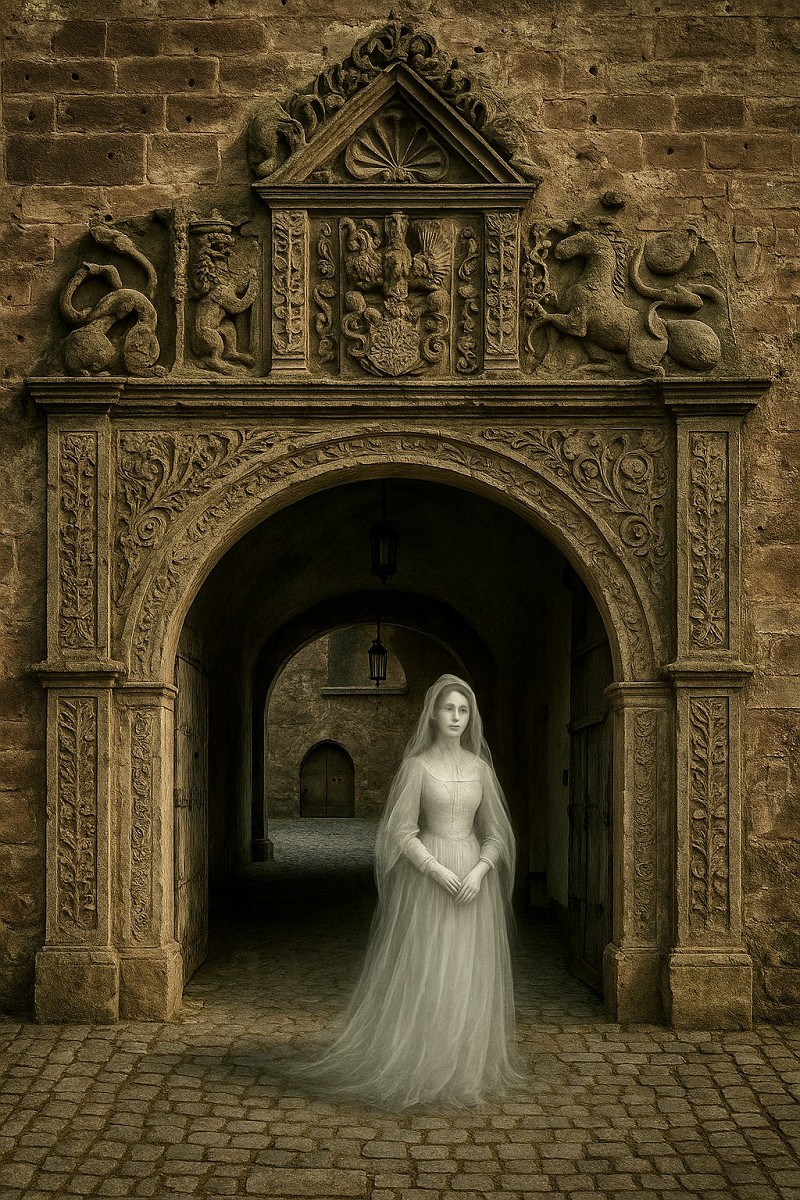 Die Weiße Frau, das Familiengespenst der Hohenzollern am Portal zum Schönen Hof auf der Plassenburg