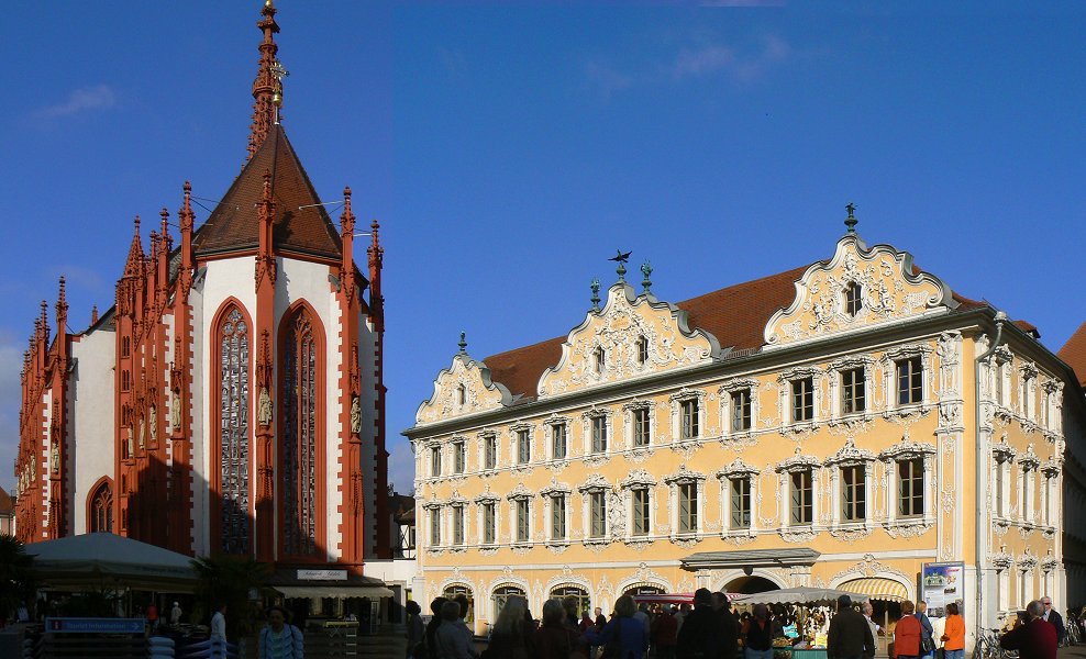 Die gotische Marienkapelle und das Haus zum Falken (Falkenhaus) in Würzburg